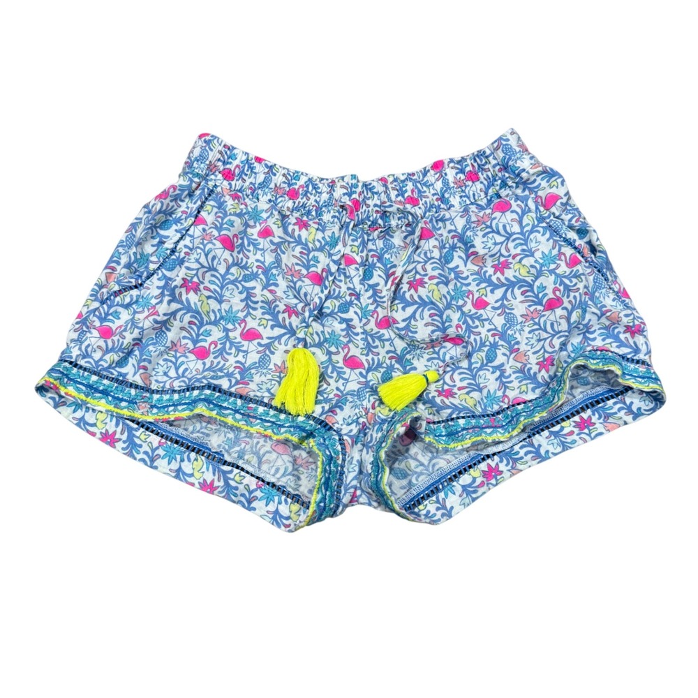 Vineyard Vines Flamingo Pineapple Linen Shorts Blue Pink Tassel XS Beach Resort